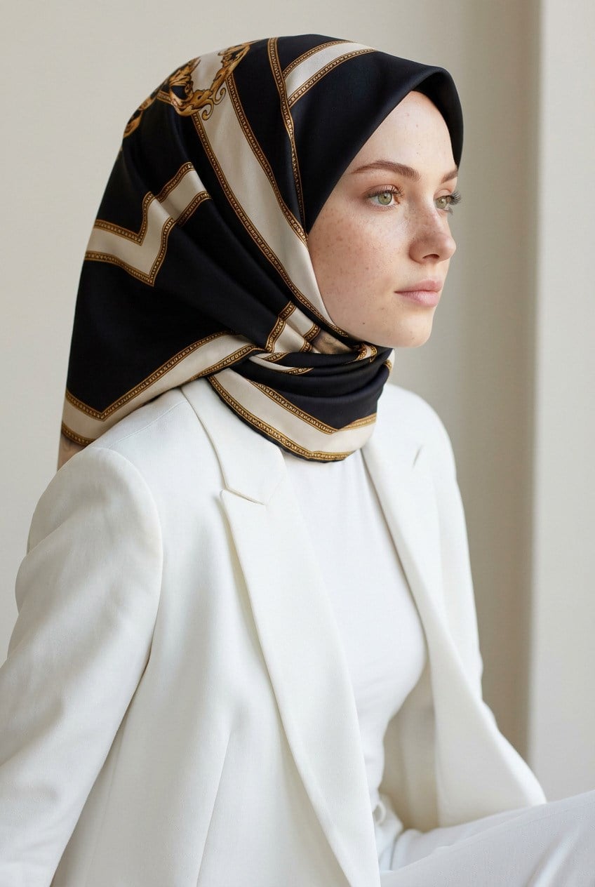 %100 Twill İpek Monogram ve Barok Desenli Krem - Siyah Renkli 90x90 Eşarp Dikim Şekli : El Dikişi