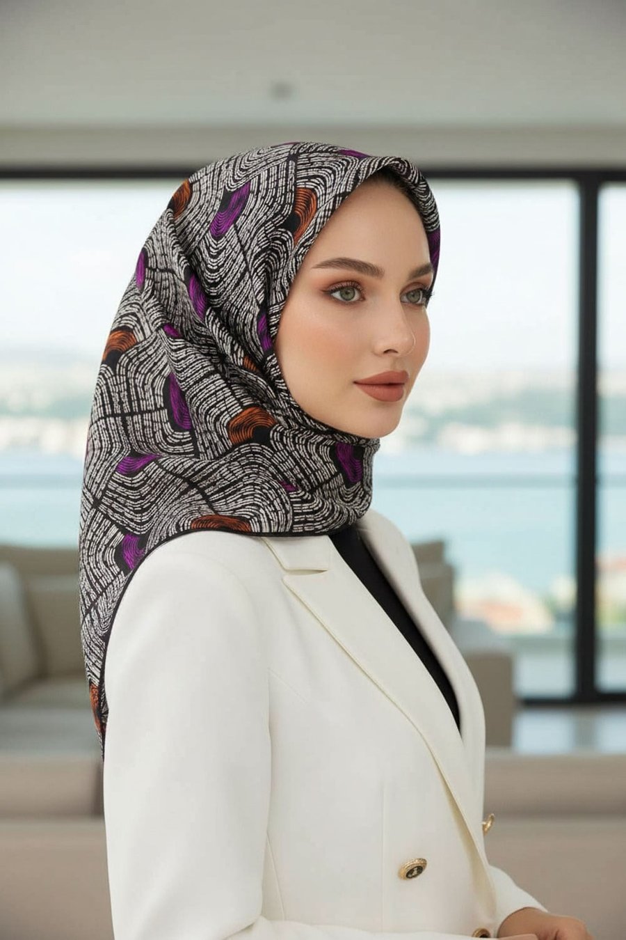 %100 Twill İpek Geometrik Desenli Mürdüm - Siyah Renkli 90x90 Eşarp Dikim Şekli : El Dikişi