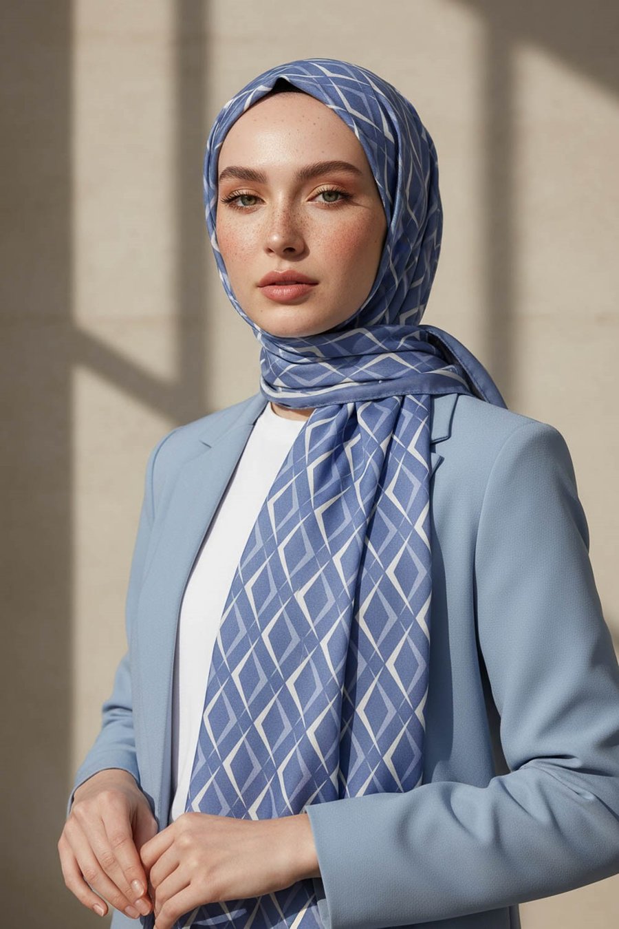 KREP GEOMETRİK DESENLİ BEBE MAVİSİ RENKLİ 75X195 KIRIŞMAZ ŞAL