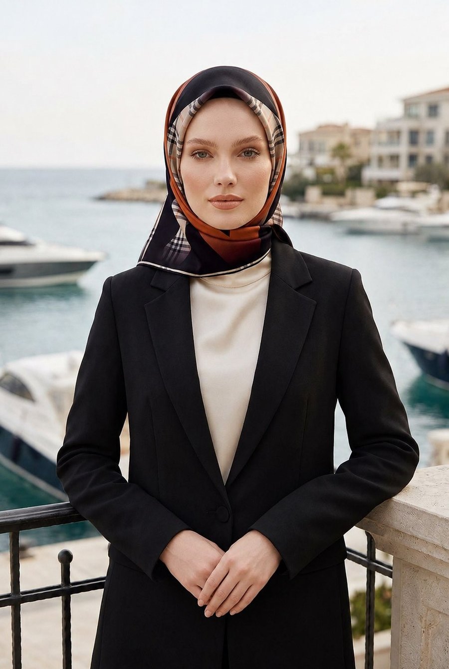 % 57 İPEK % 43 VİSKON Twill İpek Ekose Desenli Taba - Siyah Renkli 90x90 Eşarp Dikim Şekli : El Dikişi