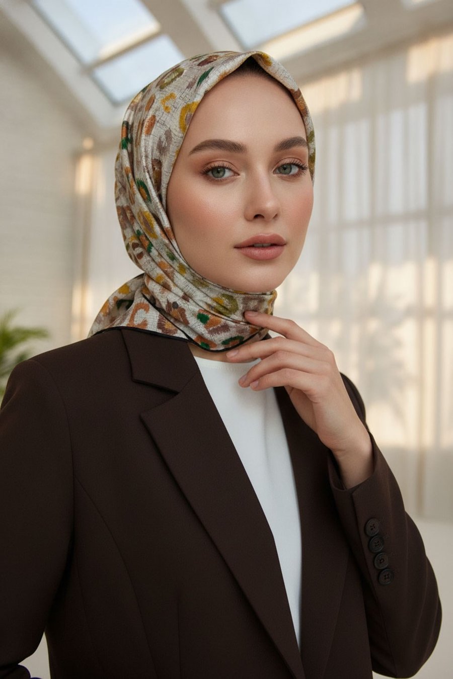 %100 Twill İpek Renkli Leopari Desenli Turuncu - Zümrüt Yeşili Renkli 90x90 Eşarp Kenar Dikiş Şekli El Dikişli
