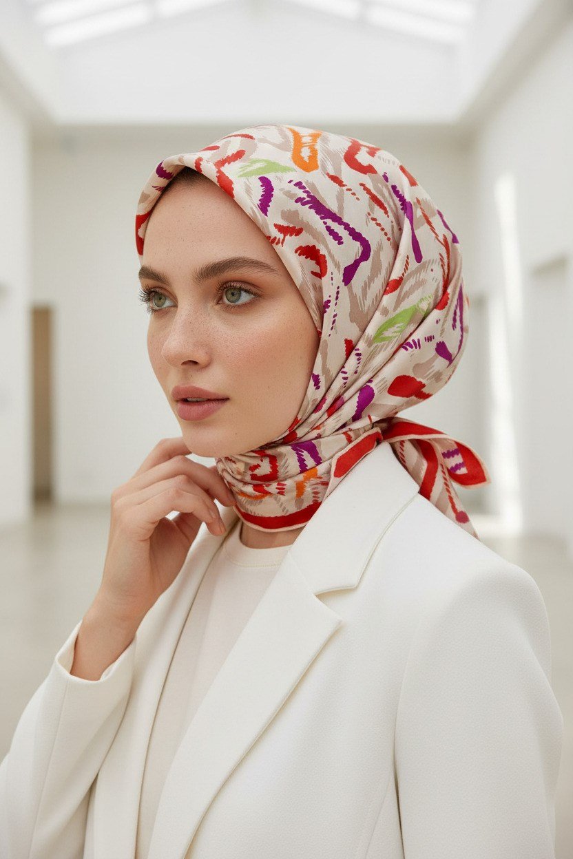 %100 Twill İpek Geometrik Desenli Kırmızı- Mürdüm Renkli 90x90 Eşarp Dikim Şekli : El Dikişi