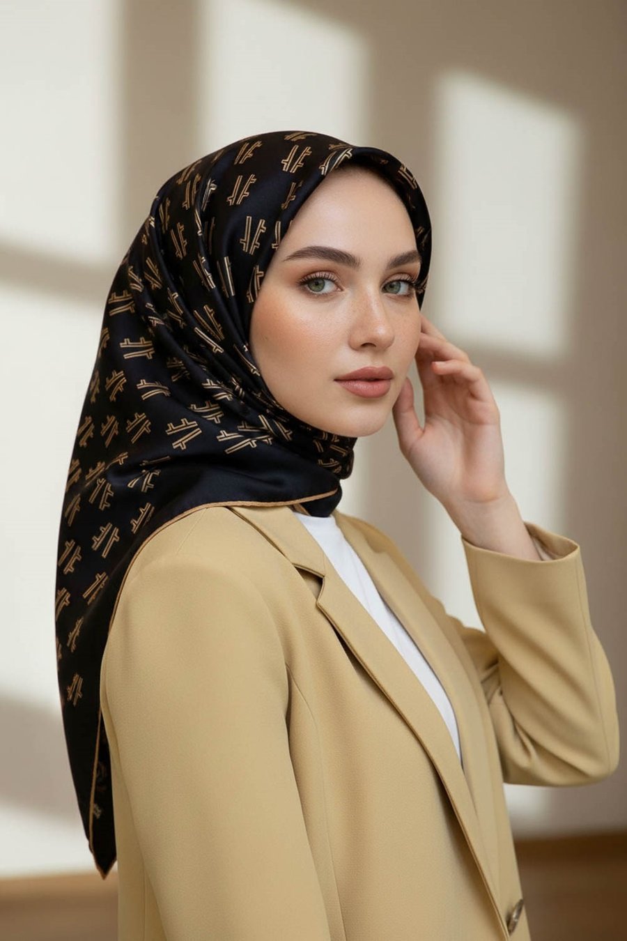 %100 Twill İpek Geometrik Desenli Siyah - Gold Renkli 90x90 Eşarp Dikim Şekli : El Dikişi