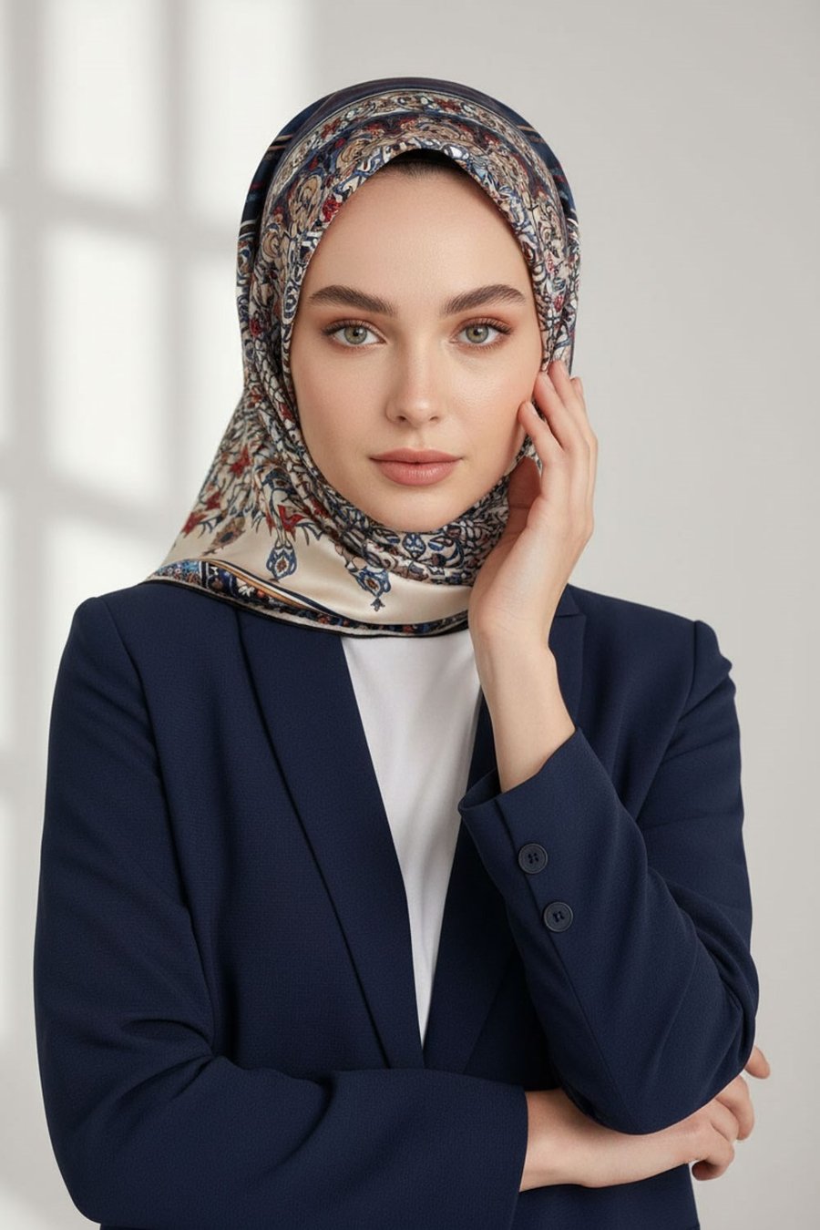 %100 Twill İpek Şal Desenli Lacivert Renkli 90x90 Eşarp Dikim Şekli : El Dikişi