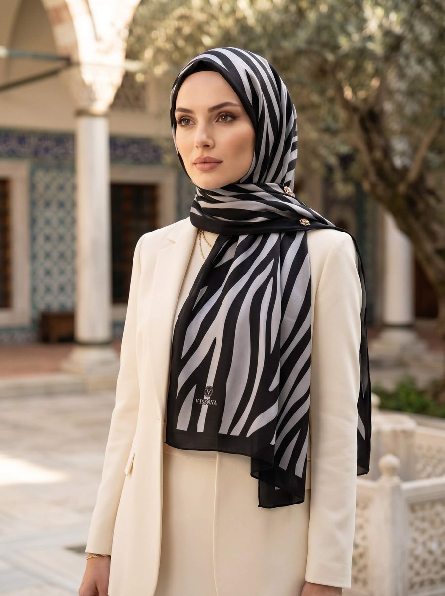 KREP KIRIŞMAZ ŞAL ZEBRA DESENLİ SİYAH - GRİ RENKLİ 75X195