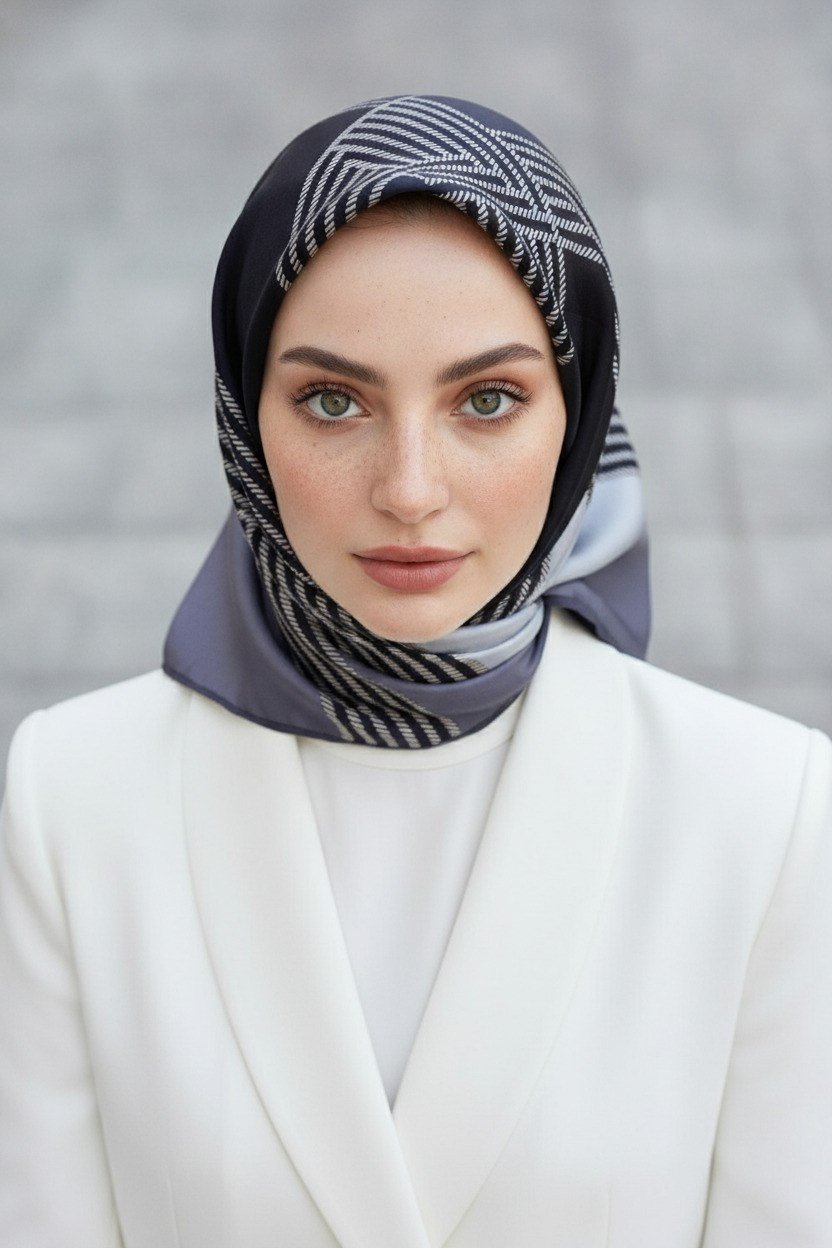 %100 Twill İpek Geometrik Desenli Gri Renkli 90x90 Eşarp Dikim Şekli : El Dikişi