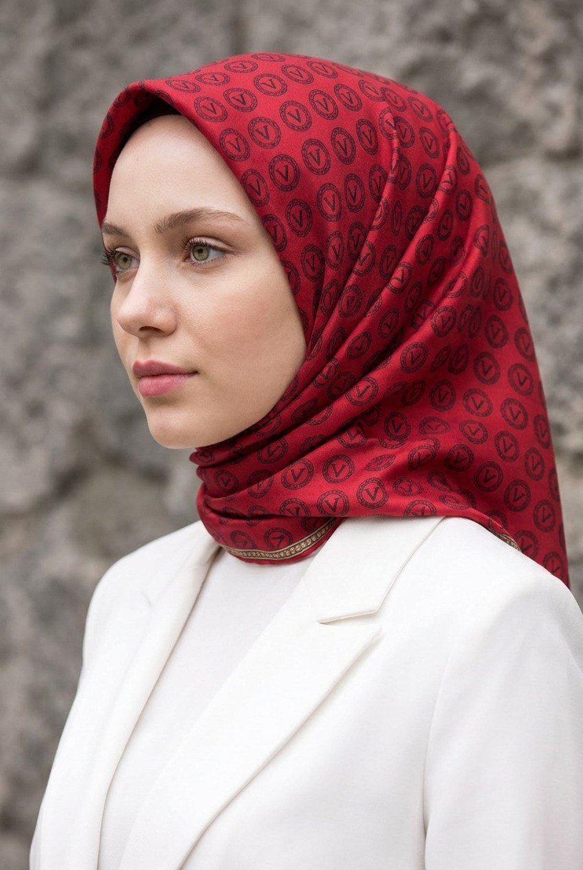 %100 Twill İpek Monogram Desenli Kırmızı Renkli 90x90 Eşarp Dikim Şekli : El Dikişi