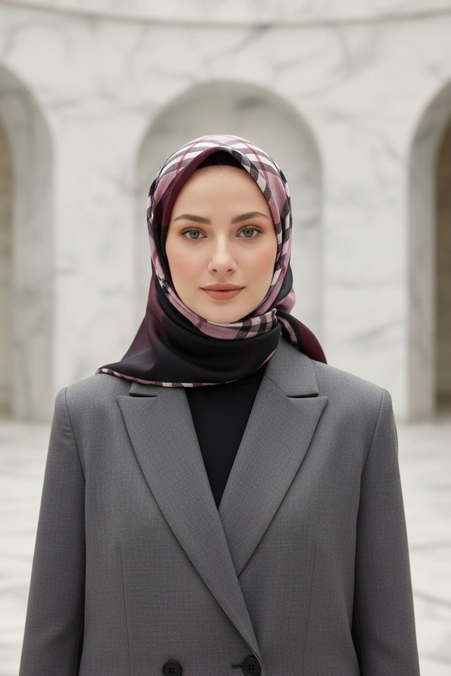 %100 Twill İpek Eşarp 90x90 Saks Siyah Ekose Desenli El Dikişli Kadın Eşarp