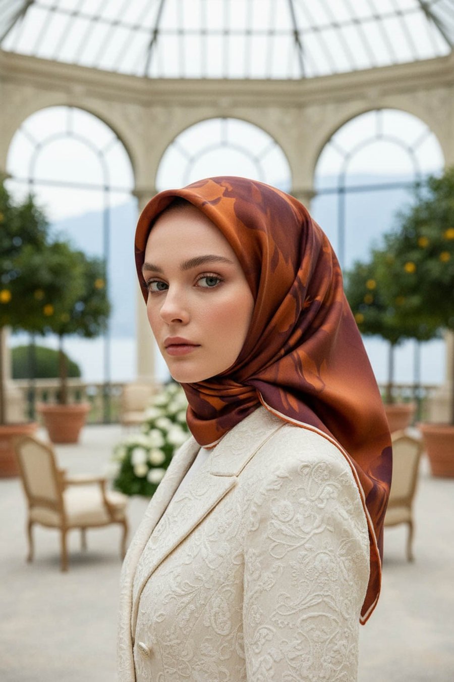 % 57 İPEK % 43 VİSKON Twill İpek Çiçek Desenli Taba Renkli 90x90 Dikim Şekli : El Dikişi Eşarp