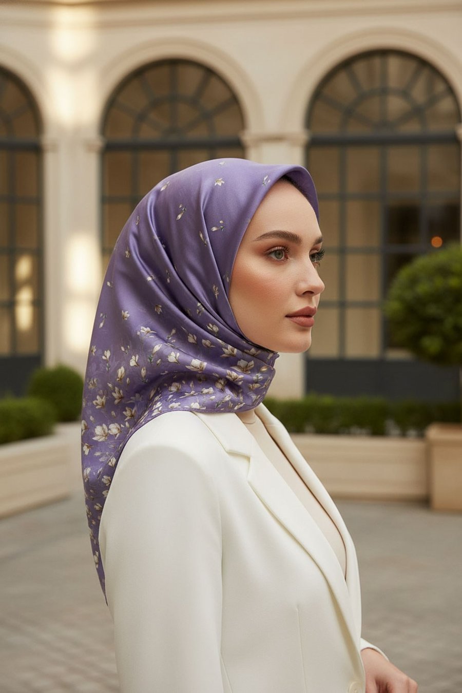 %100 Twill İpek Çiçek Desenli Lila Renkli 90x90 Eşarp Dikim Şekli : El Dikişi
