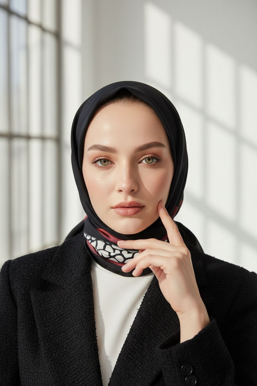 KREP DESENLİ SİYAH - BORDO RENKLİ 75X195 KIRIŞMAZ ŞAL