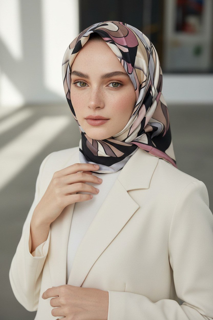 % 57 İPEK % 43 VİSKON Twill İpek Geometrik Desenli Gri - Pudra Renkli 90x90 Dikim Şekli : El Dikişi Eşarp