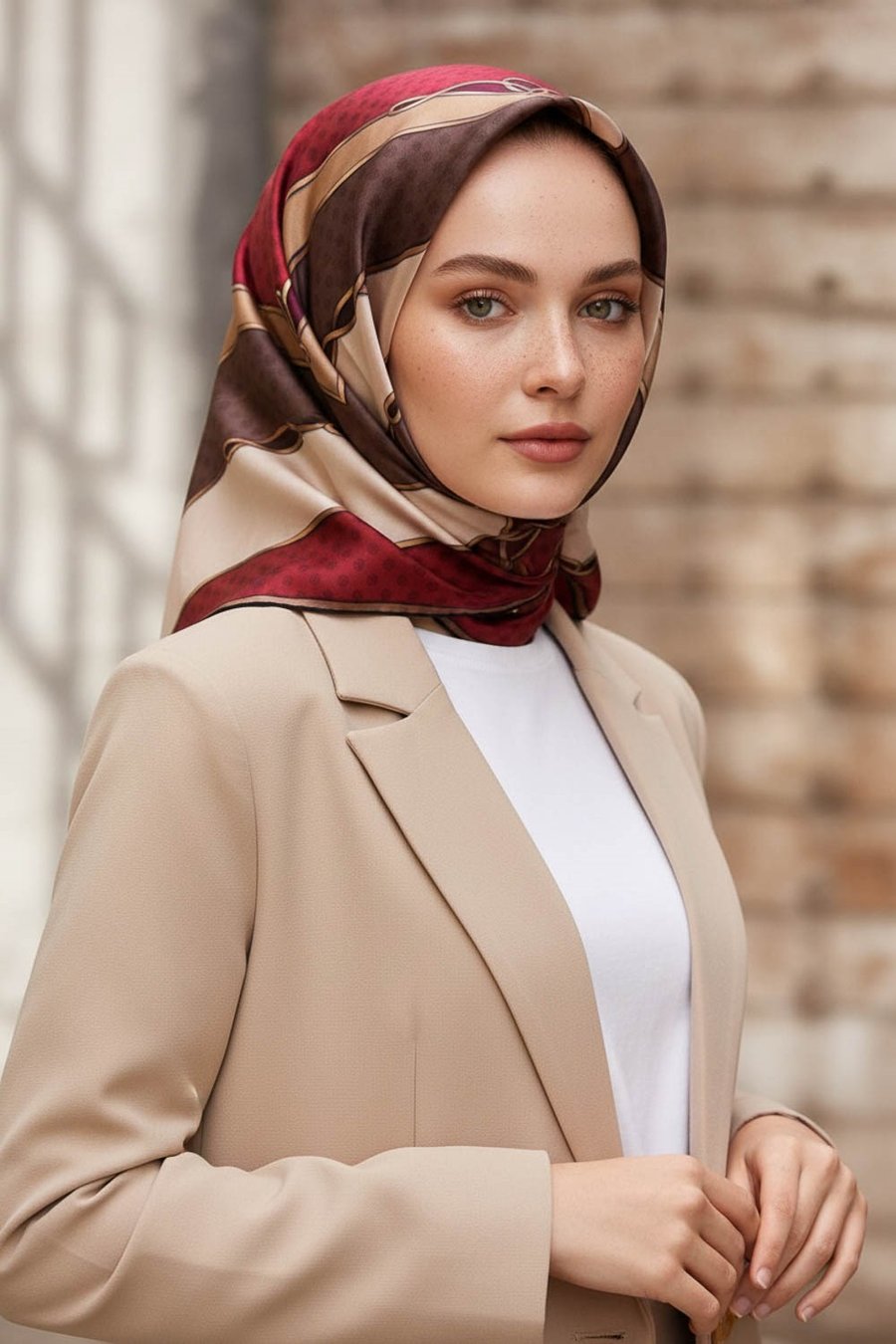 %100 Twill İpek Puantiyeli ve Geometrik Desenli Bordo - Vizon Renkli 90x90 Eşarp Dikim Şekli : El Dikişi