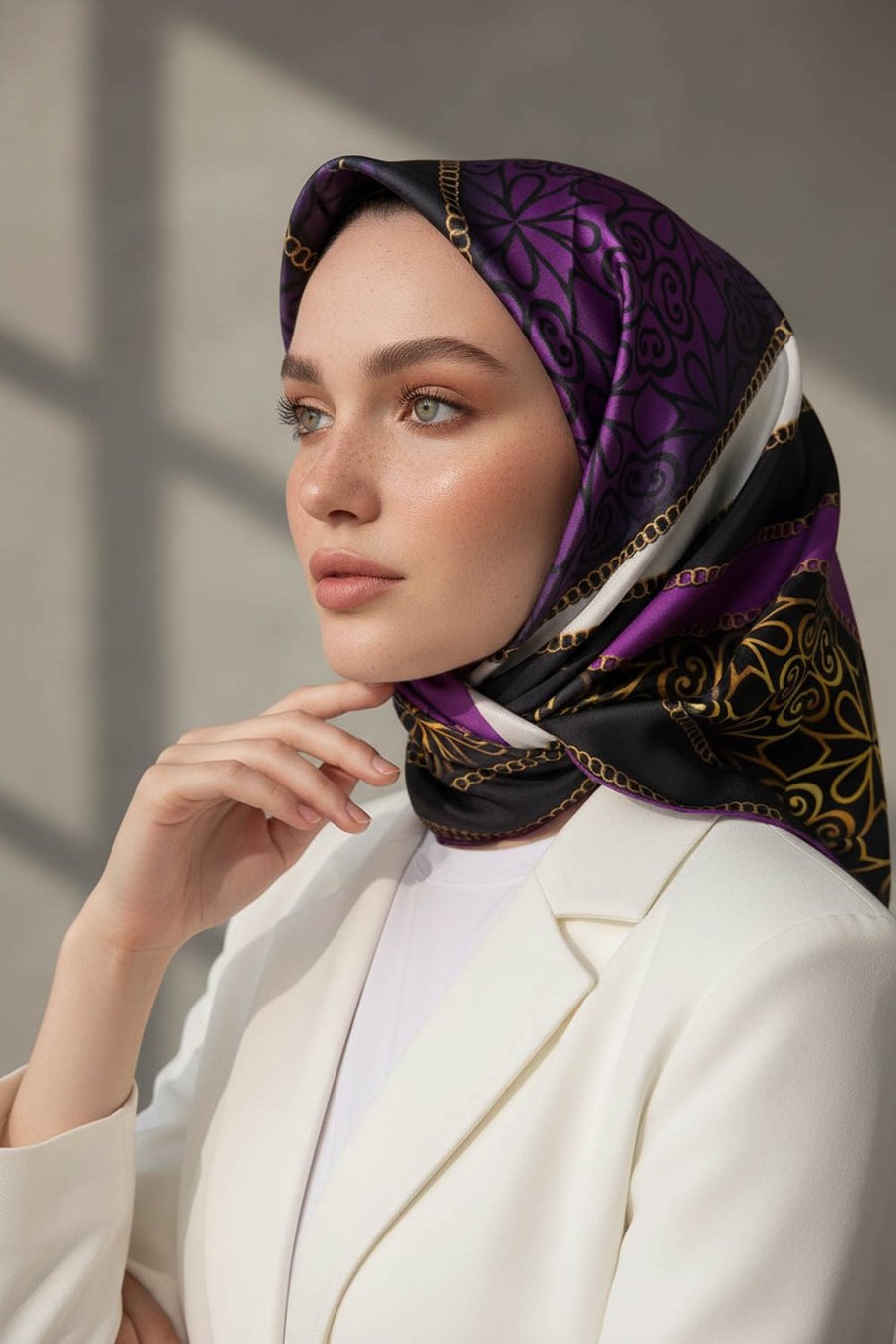 %100 Twill İpek Zincirli Ve Etnik Desenli Mürdüm - Siyah Renkli 90x90 Eşarp Dikim Şekli : El Dikişi