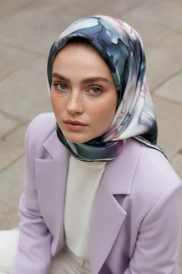 % 57 İPEK % 43 VİSKON Twill İpek Batik Çiçek Desenli Petrol Yeşili - Lila Renkli 90x90 Eşarp Kenar Dikiş Şekli El Dikişli