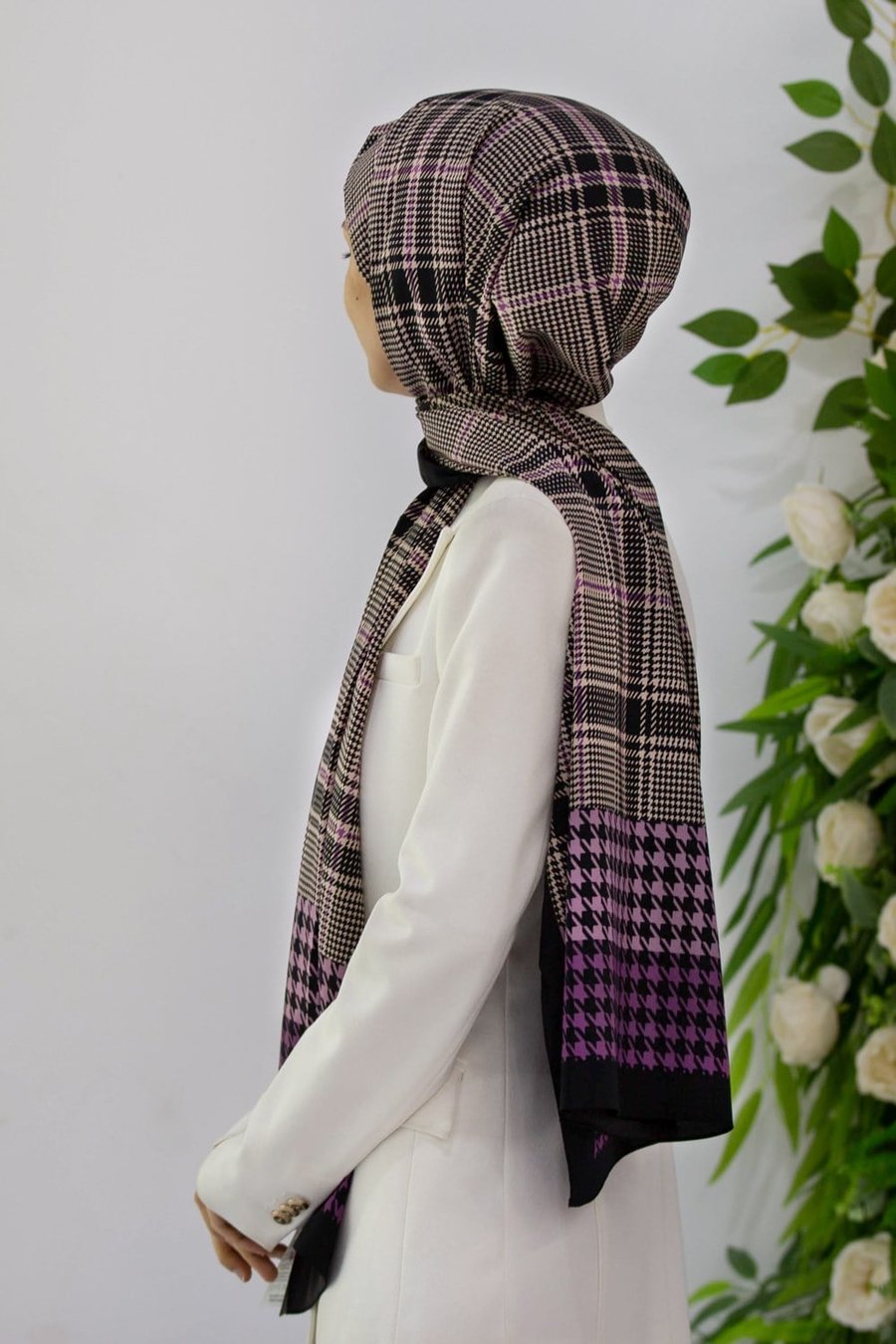 KREP EKOSELİ KAZAYAK DESENLİ LİLA RENKLİ 75X195 KIRIŞMAZ ŞAL
