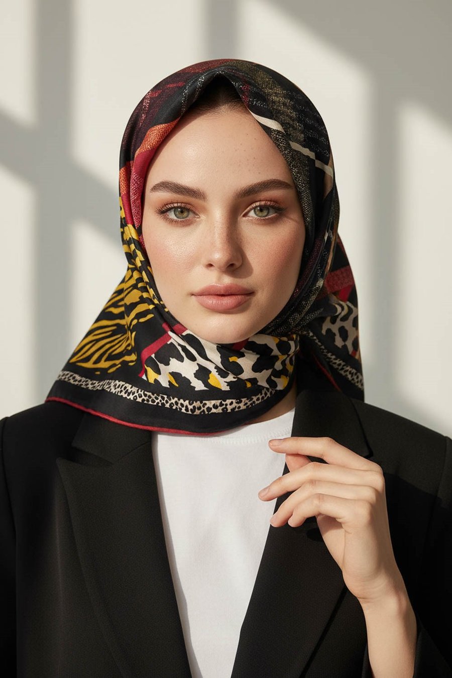 %100 Twill İpek Ekoseli Ve Leopar Desenli Siyah - Bordo Renkli 90x90 Eşarp Dikim Şekli : El Dikişi
