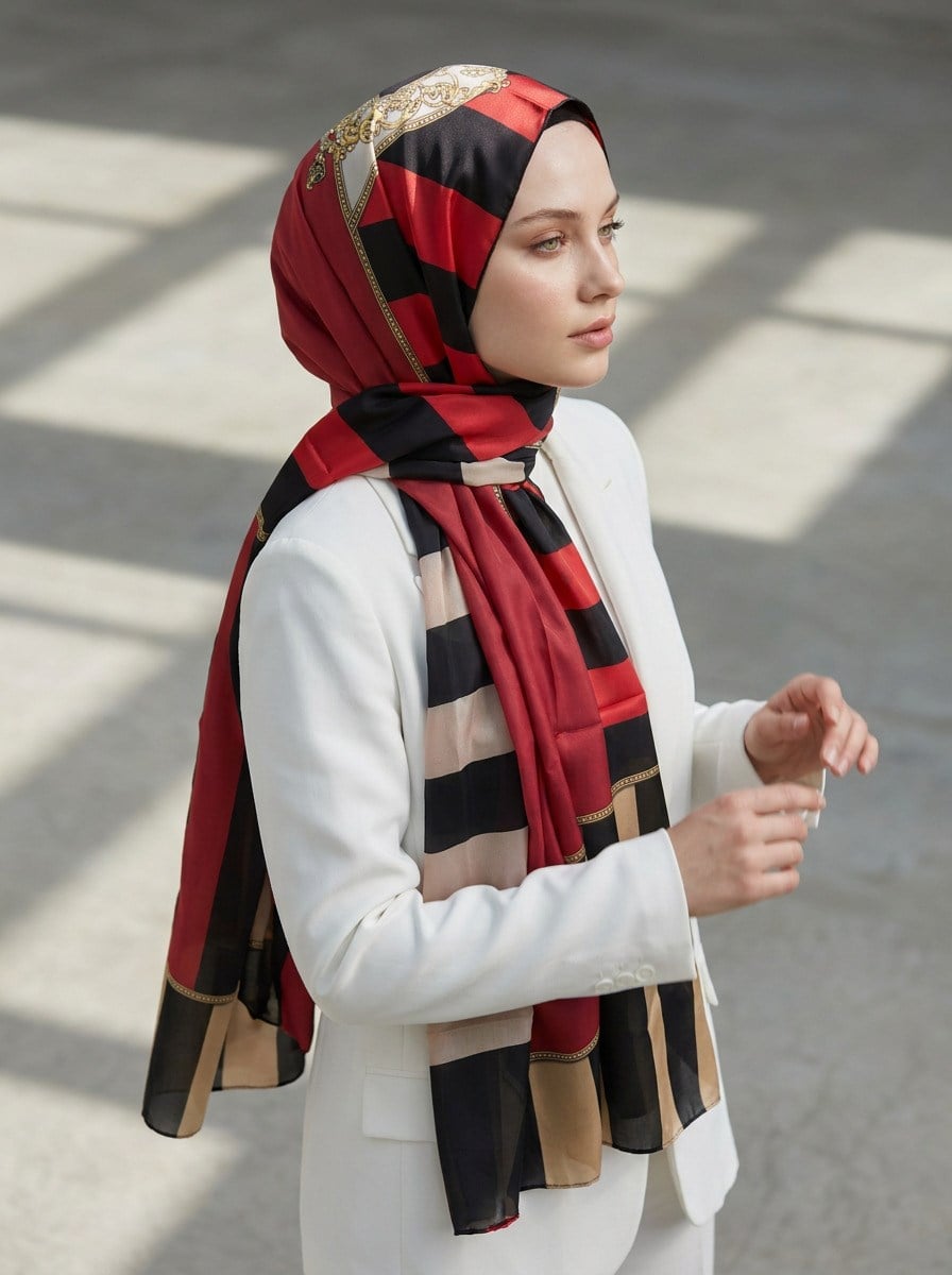 %100 Saf İpek Şal İnce Saten Vual Dokuma Şerit Ve Varak Desenli Kırmızı - Bej Renkli 90x210 Şal