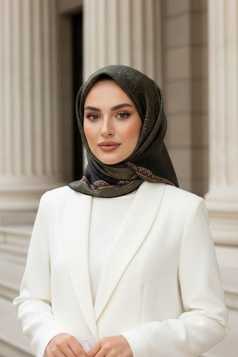 % 57 İPEK % 43 VİSKON Twill Barok Desenli Haki Yeşili Renkli 90x90 Eşarp Dikim Şekli: El Dikişi
