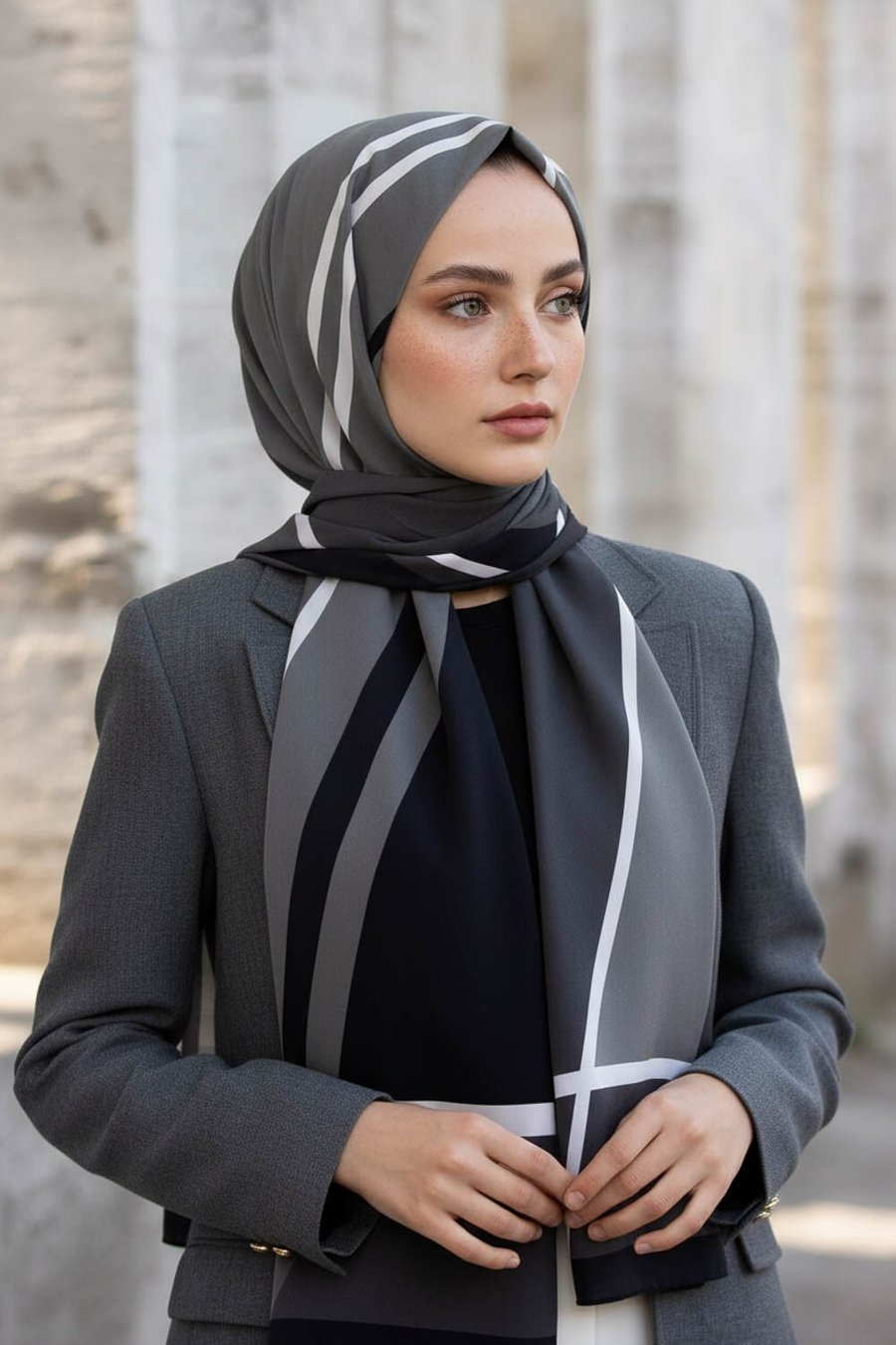 KREP GEOMETRIK DESENLİ FÜME RENKLİ 75X195 KIRIŞMAZ ŞAL