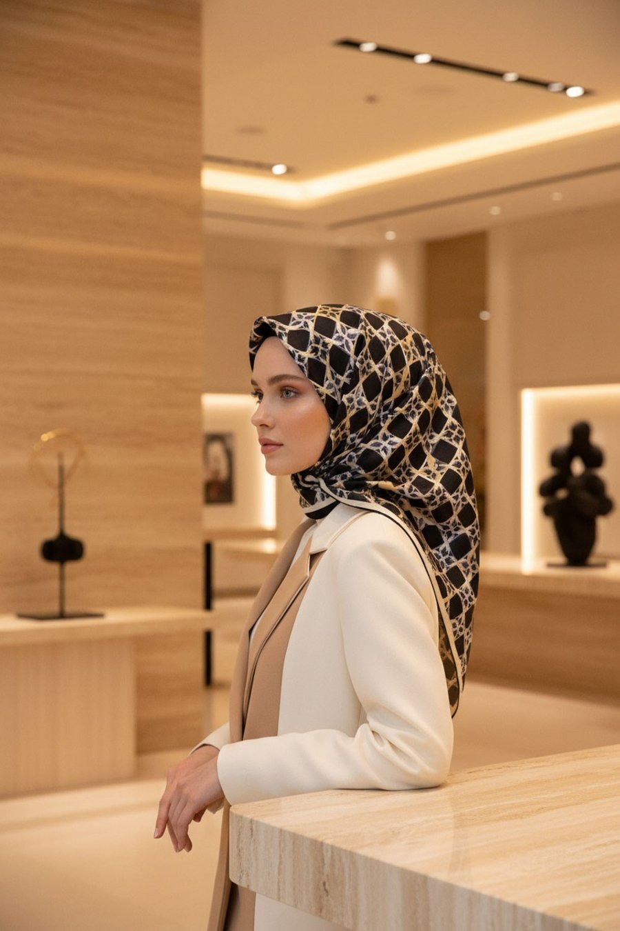 %100 Twill İpek Geometrik Desenli Siyah - Bej Renkli 90x90 Eşarp Dikim Şekli : El Dikişi