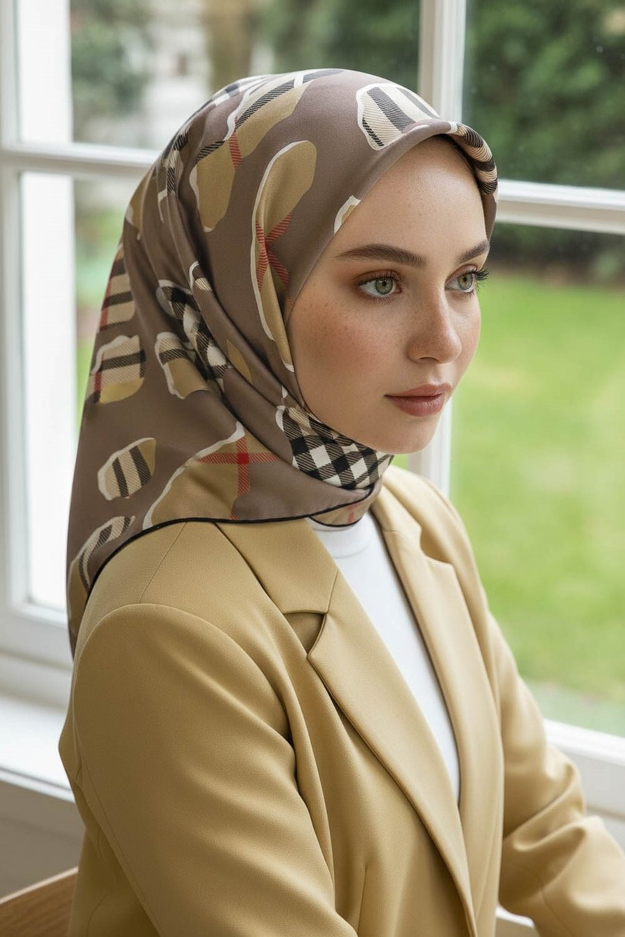 %100 Twill İpek Leopar Desenli Bej - Bej Renkli 90x90 Eşarp Dikim Şekli : El Dikişi