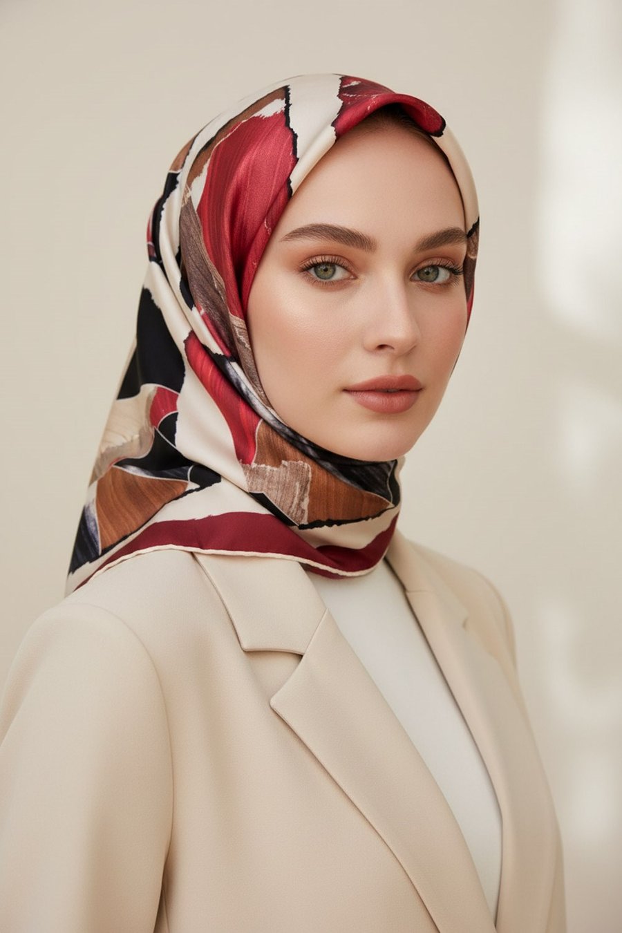 %100 Twill İpek Geometrik Desenli Bordo - Bej Renkli 90x90 Eşarp Dikim Şekli : El Dikişi