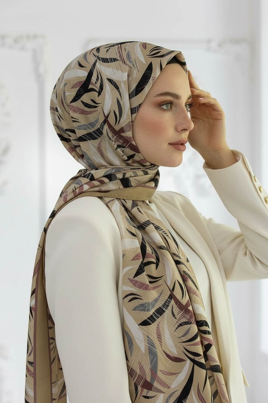 KREP GEOMETRIK DESENLİ GÜL KURUSU RENKLİ 75X195 KIRIŞMAZ ŞAL