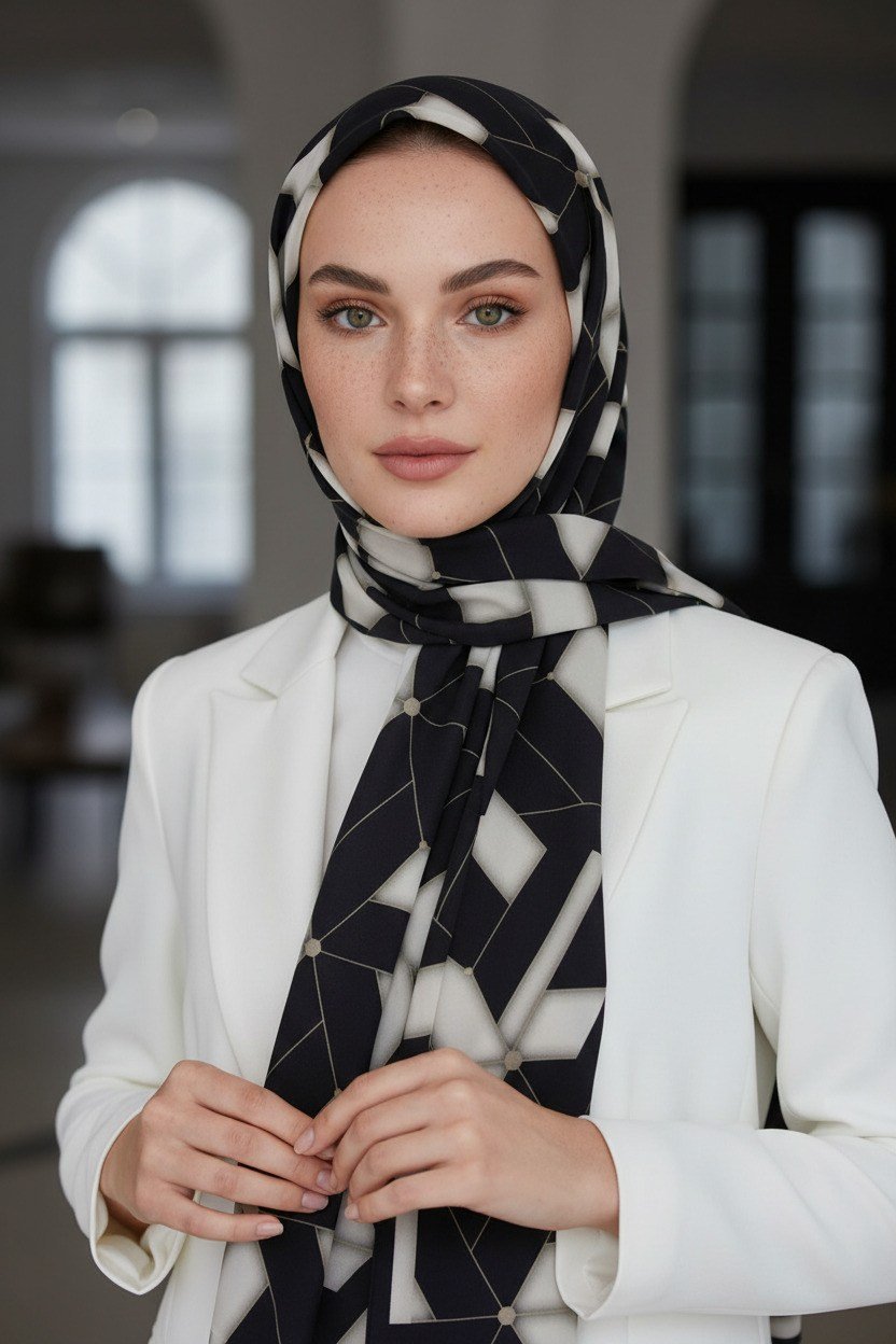 KREP GEOMETRİK DESENLİ KREM RENKLİ 75X195 KIRIŞMAZ ŞAL