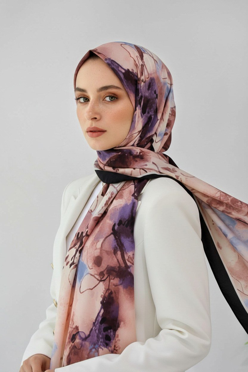 KREP SULU BOYA YAPRAK DESENLİ PUDRA RENKLİ 75X195 KIRIŞMAZ ŞAL