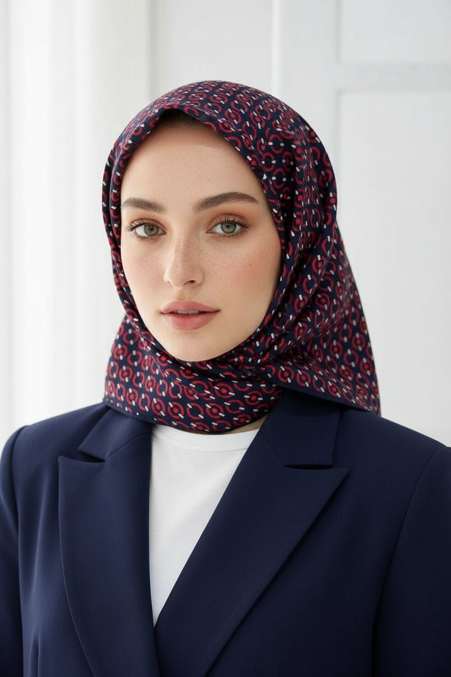 %100 Twill İpek Zincir Desenli Lacivert - Kırmızı Renkli 90x90 Eşarp Kenar Dikiş Şekli El Dikişli