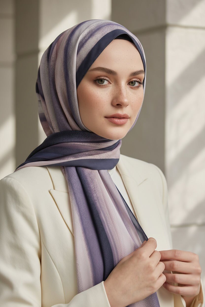 KREP SULU BOYA ÇİZGİLİ DESENLİ PUDRA RENKLİ 75X195 KIRIŞMAZ ŞAL