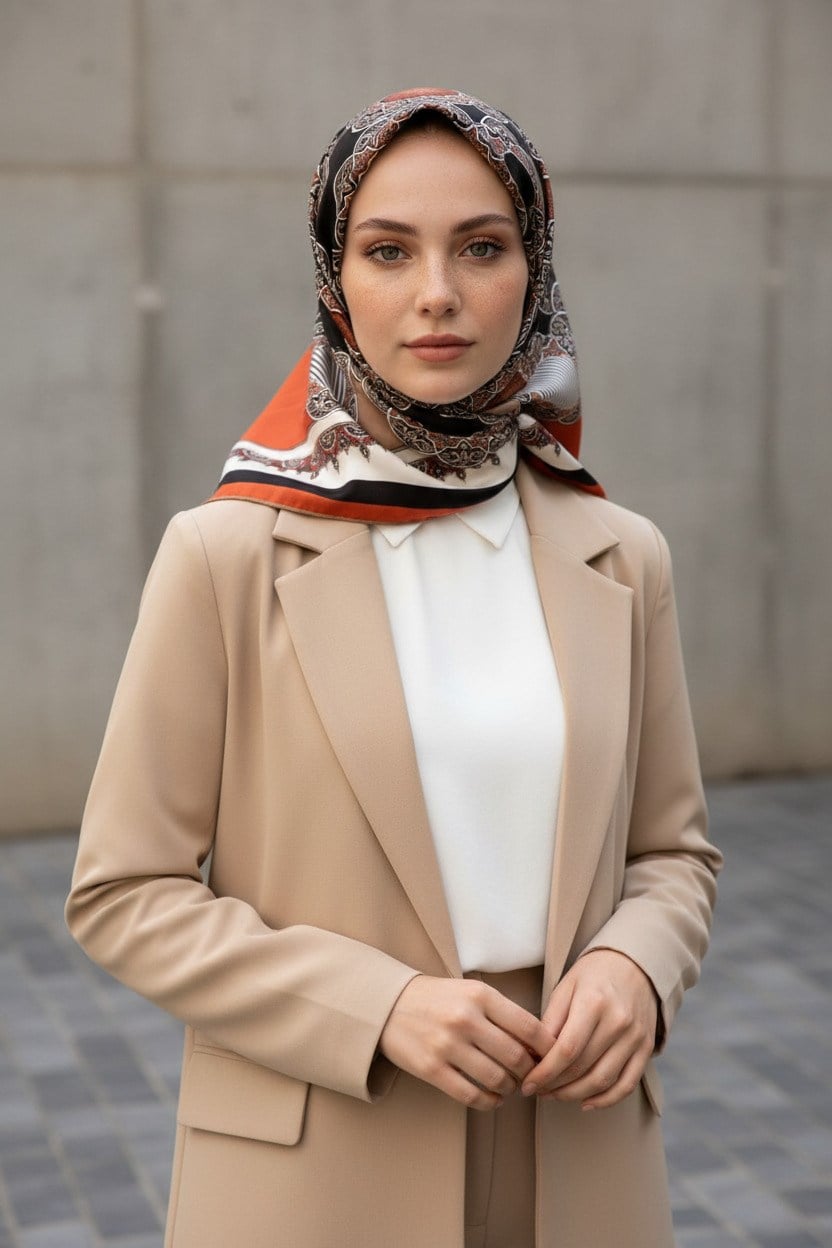 %100 Twill Türk Motifi  Desenli Bej - Taba Renkli 90x90 Eşarp Dikim Şekli: El Dikişi