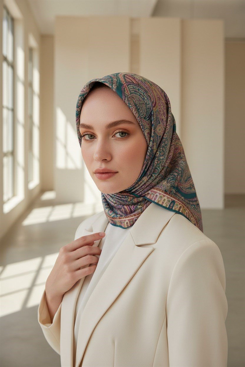%100 Twill İpek Etro Desenli Petrol Mavisi Renkli 90x90 Eşarp Dikim Şekli : El Dikişi
