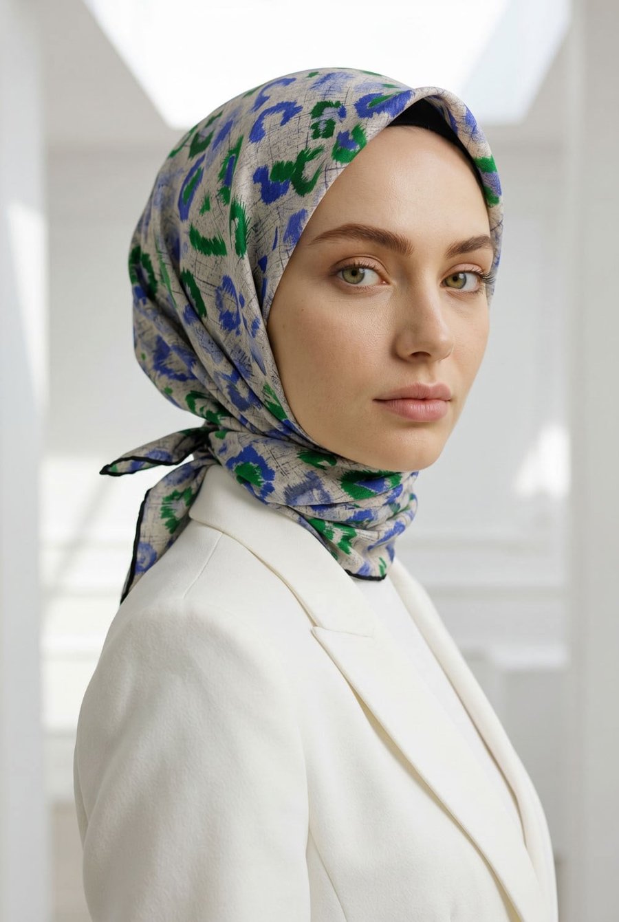 %100 Twill İpek Renkli Leopari Desenli Saks Mavisi - Zümrüt Yeşili Renkli 90x90 Eşarp Kenar Dikiş Şekli El Dikişli