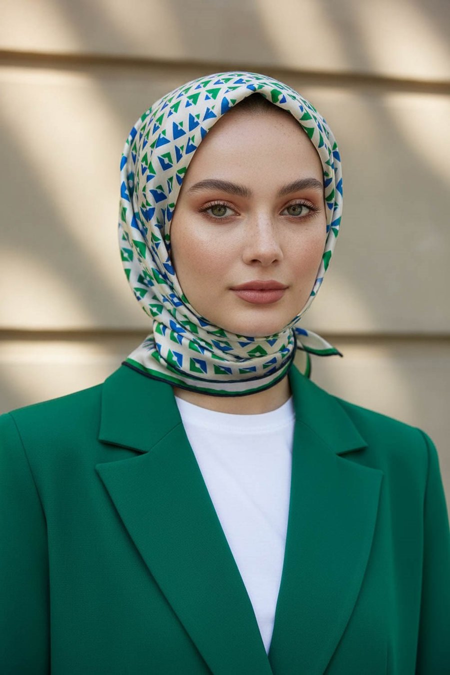 %100 Twill İpek Geometrik Desenli Benetton Yeşili - Saks Renkli 90x90 Eşarp Dikim Şekli : El Dikişi