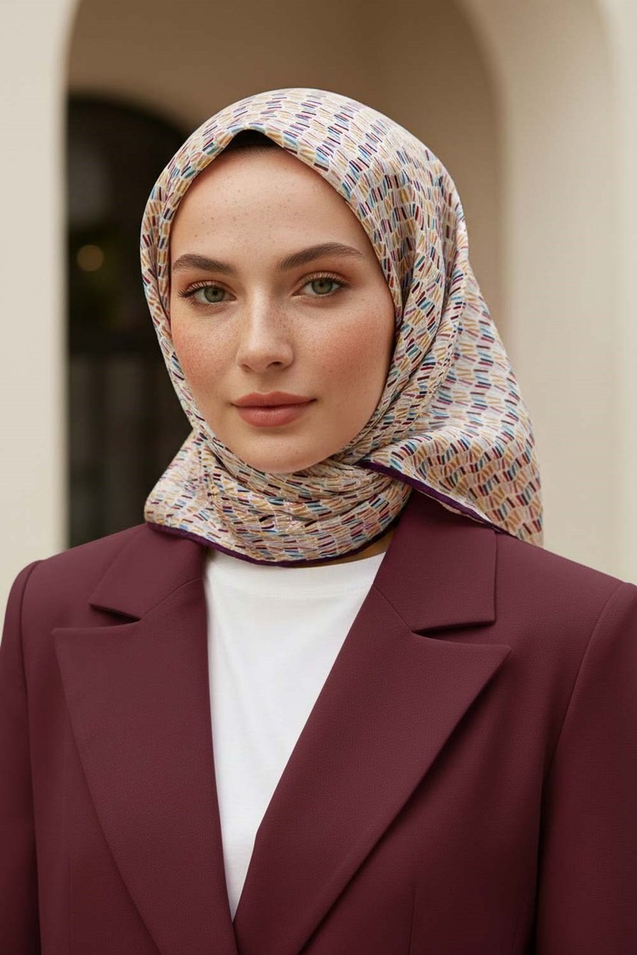 %100 Twill İpek Çizgi Desenli Vişne Çürüğü Renkli 90x90 Eşarp Dikim Şekli : El Dikişi