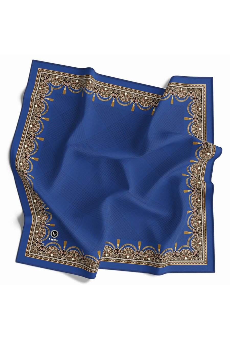 Twill Yumuşak Dokulu Kenar Motifi Şal Desenli Saks Renkli 90x90 Eşarp (İpek İçermez) Dikim Şekli : El Dikişi