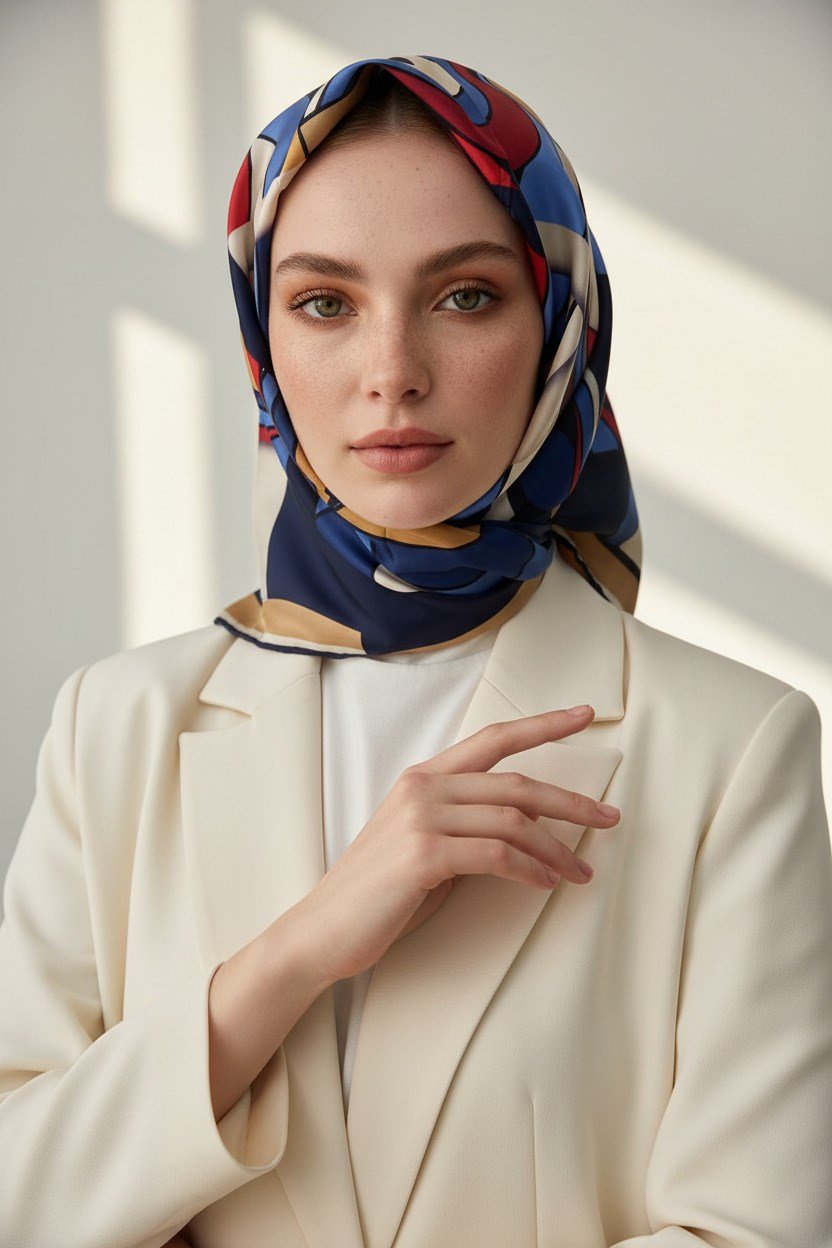 100% Twill İpek Geometrik Desenli Lacivert - Bordo Renkli 90x90 Dikim Şekli : El Dikişi Eşarp