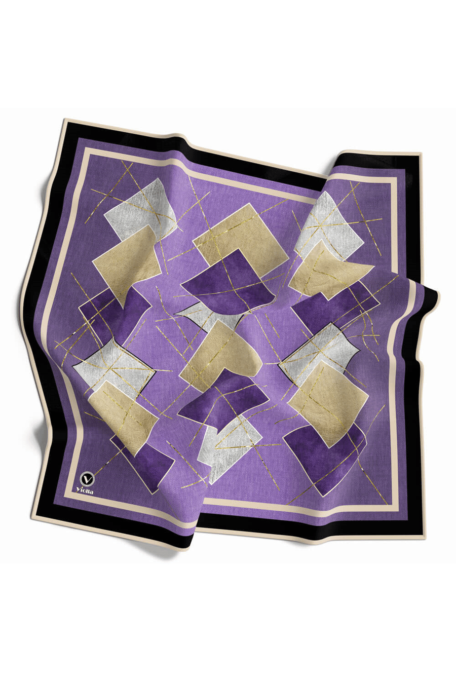Twill Geometrik Desenli Lila Renkli 90x90 Eşarp (İpek İçermez) Kenar Dikiş Şekli El Dikişli