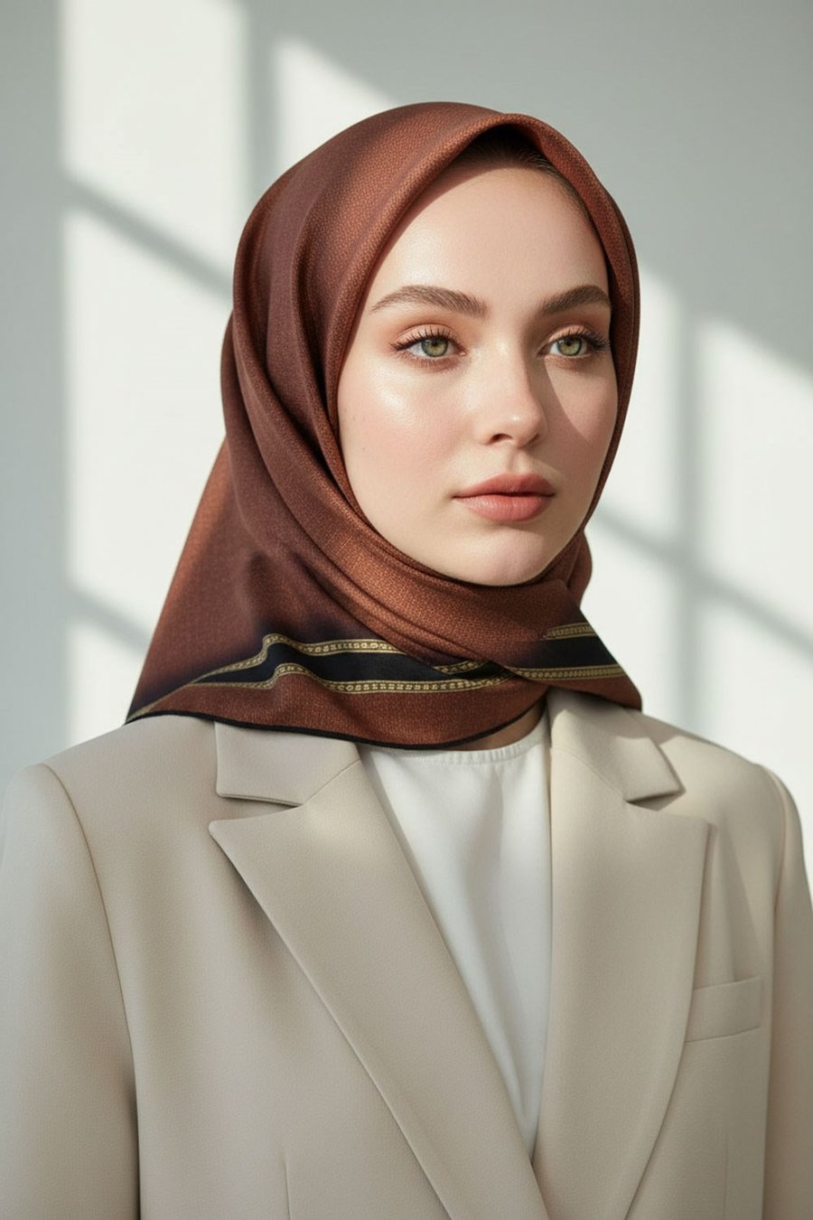 % 57 İPEK % 43 VİSKON Twill İpek Dokulu Şerit Desenli Siyah - Taba Renkli 90x90 Eşarp Dikim Şekli : El Dikişi