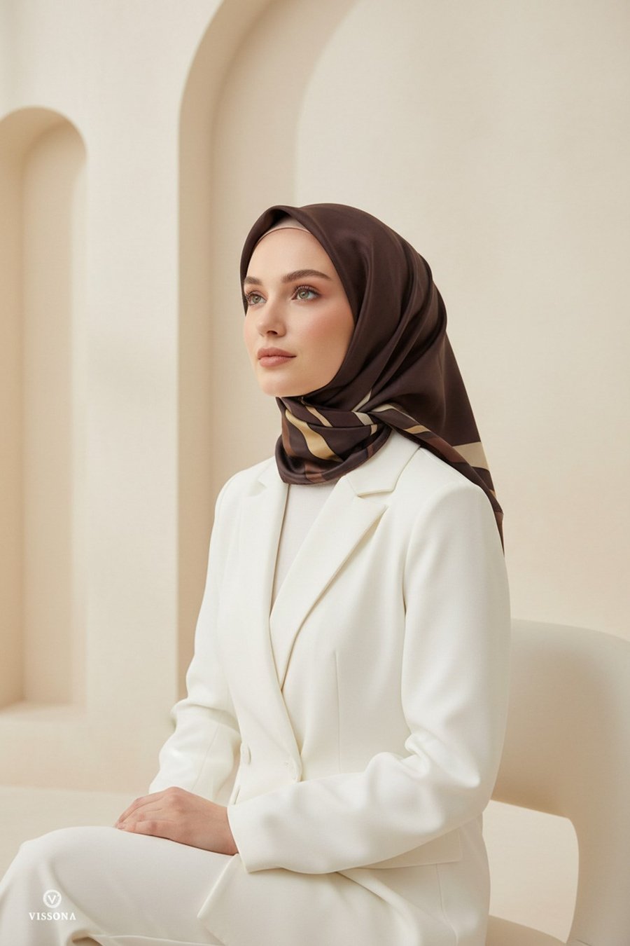 %100 Twill İpek Degrade Desenli Kahverengi Renkli 90x90 Eşarp Dikim Şekli : El Dikişi