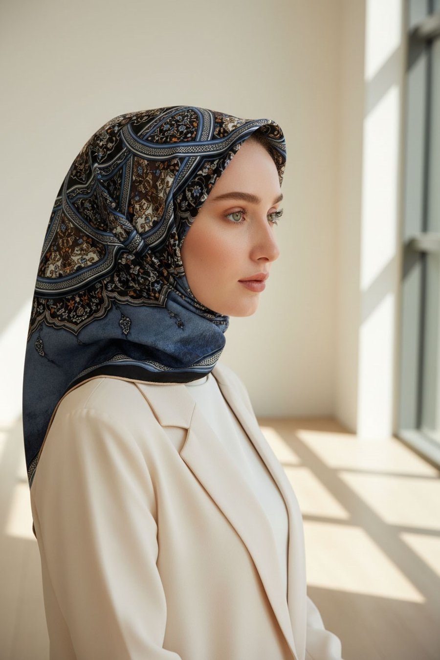 %100 Twill İpek Şal Desenli İndigo - Lacivert Renkli 90x90 Eşarp Dikim Şekli : El Dikişi