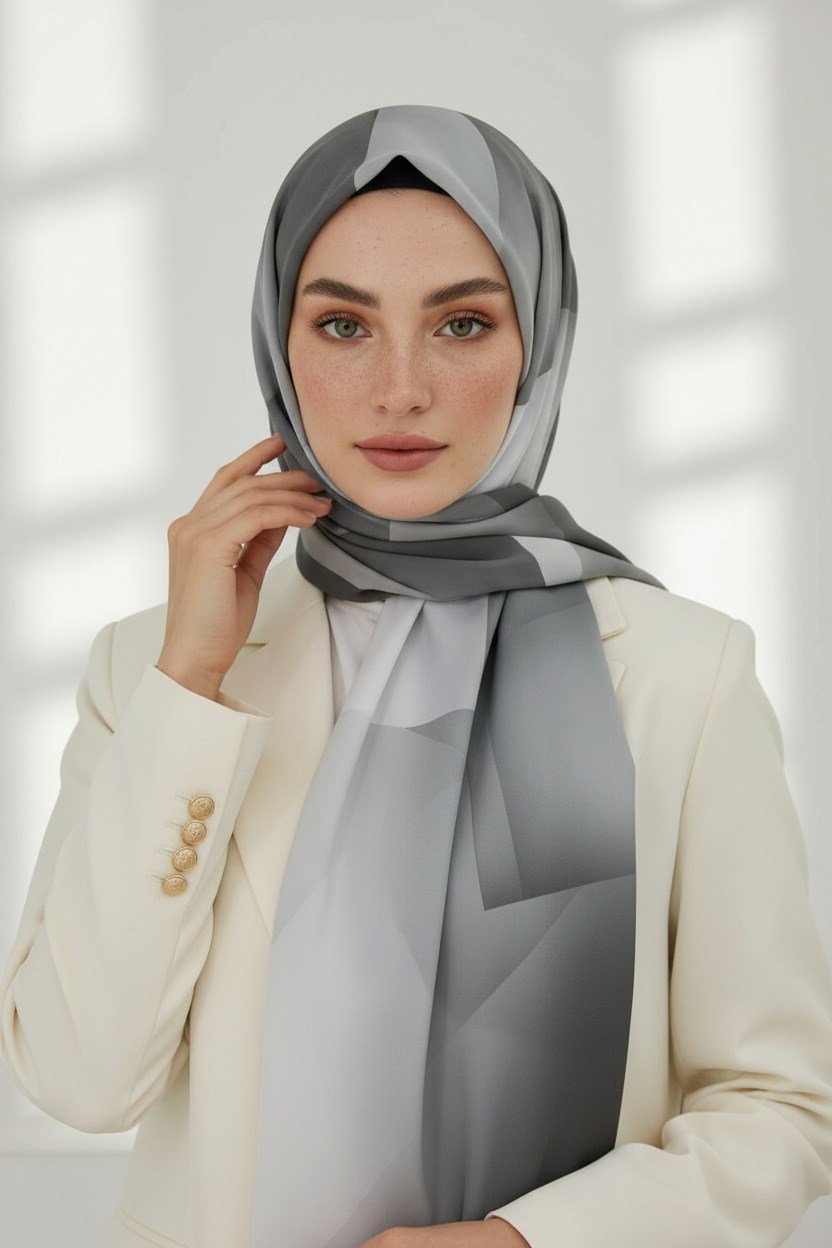 KREP TONSÜRTON DESENLİ GÜMÜŞ RENKLİ 75X195 KIRIŞMAZ ŞAL