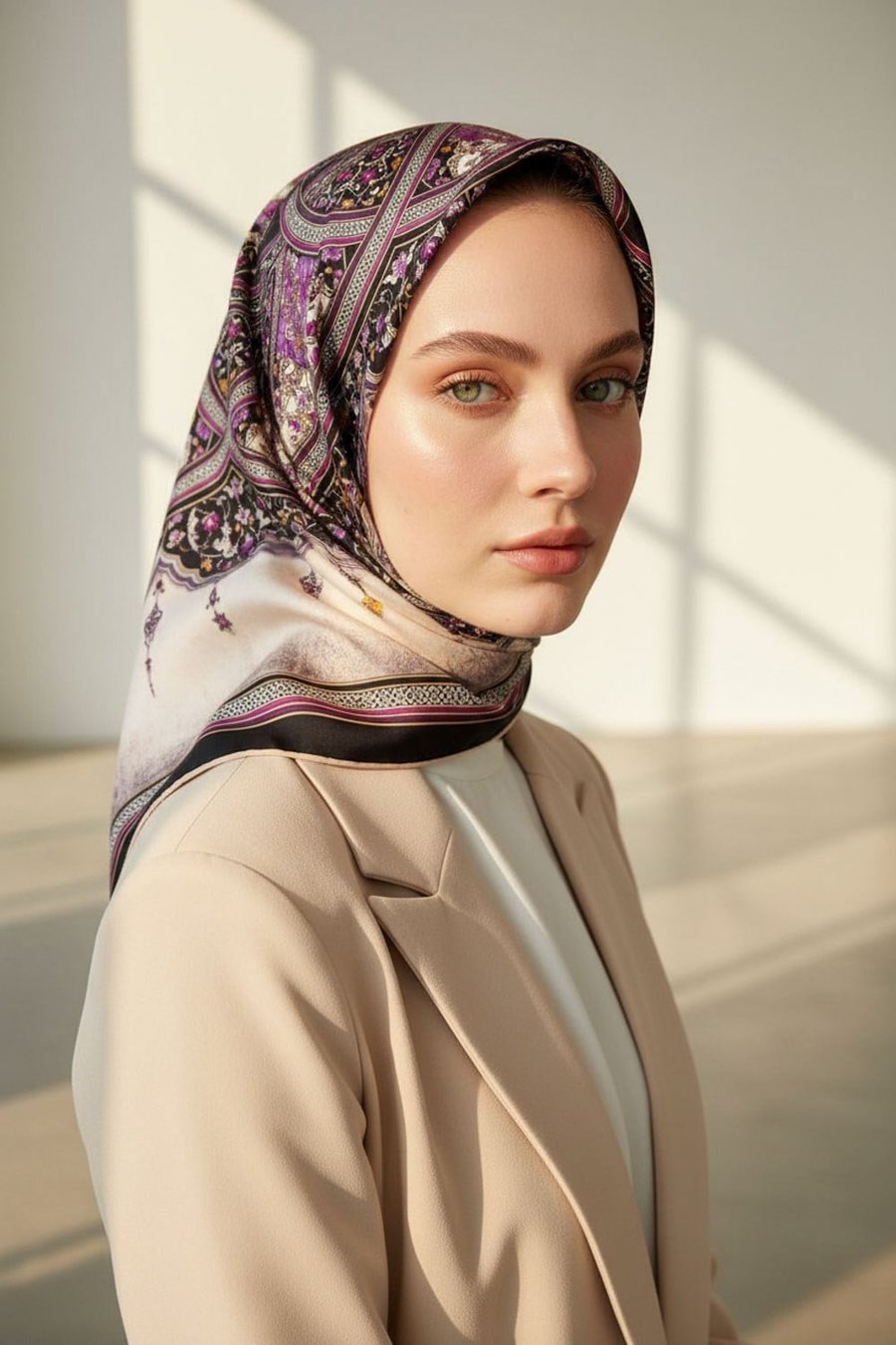 %100 Twill İpek Şal Desenli Siyah - Mürdüm Renkli 90x90 Eşarp Dikim Şekli : El Dikişi