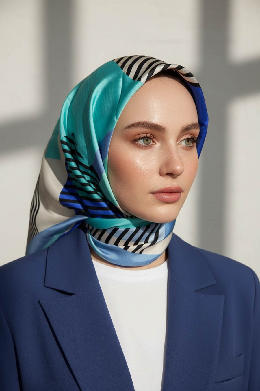 100% Twill İpek Geometrik Desenli Bebe Mavisi - Saks Renkli 90x90 Dikim Şekli : El Dikişi Eşarp