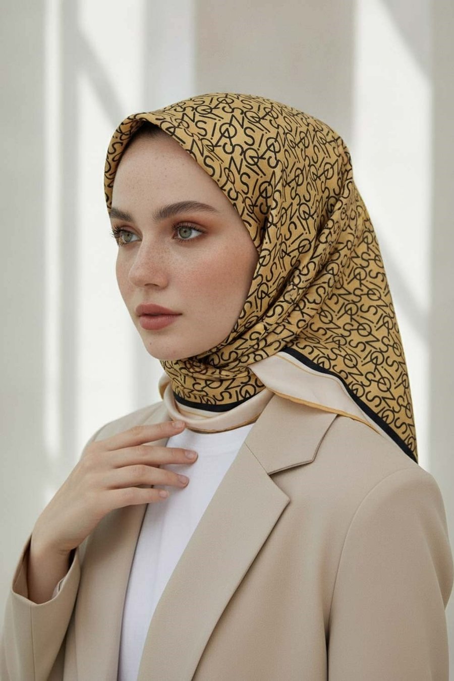 %100 Twill İpek Harf Desenli Gold - Siyah Renkli 90x90 Eşarp Dikim Şekli : El Dikişi