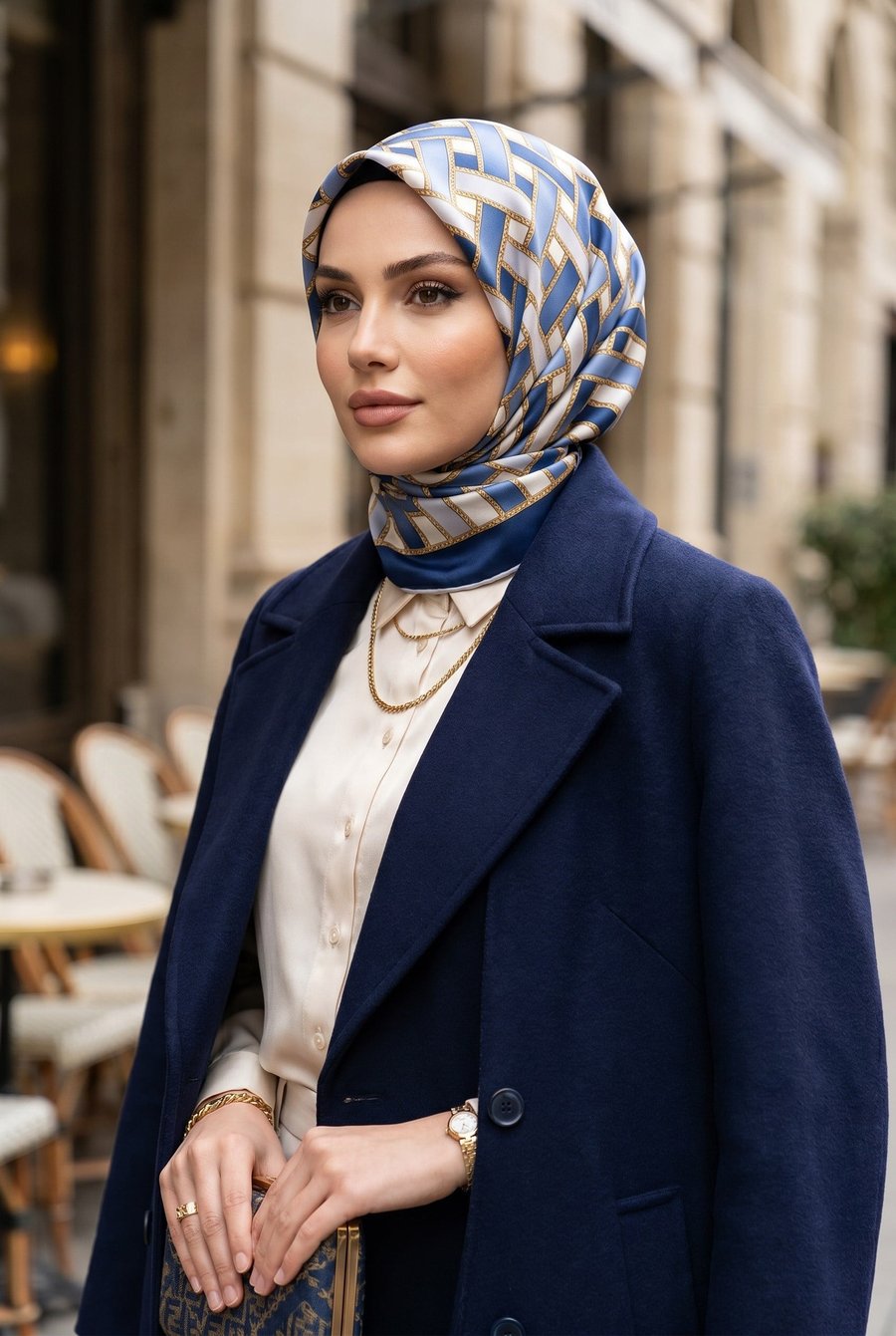 %100 Twill İpek Hasır Örgü Desenli İndigo - Gümüş Renkli 90x90 Eşarp Dikim Şekli : El Dikişi