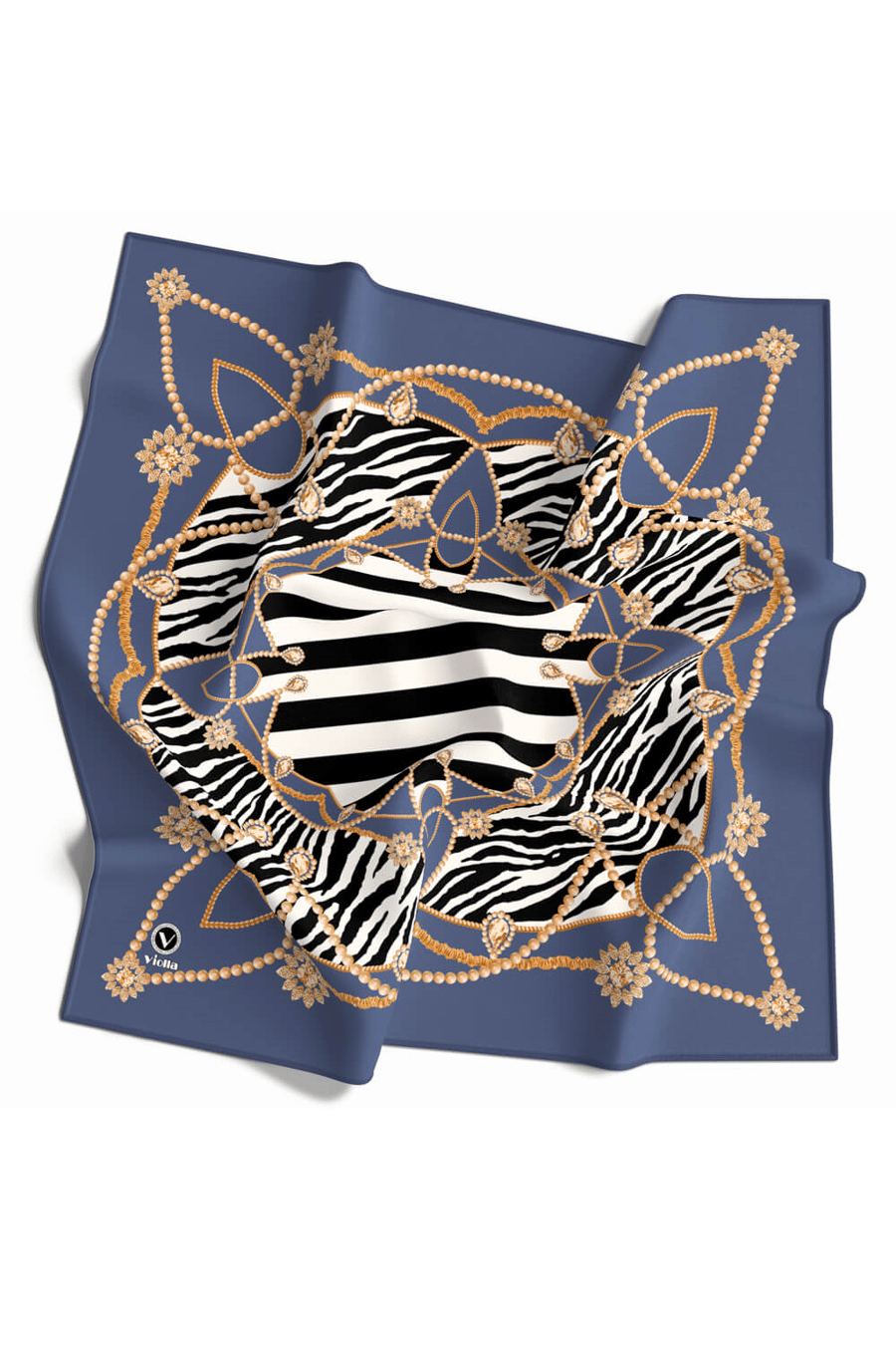 Twill Gold Detaylı Zebra Desenli İndigo Renkli 90x90 Eşarp (İpek İçermez) Kenar Dikiş Şekli El Dikişli
