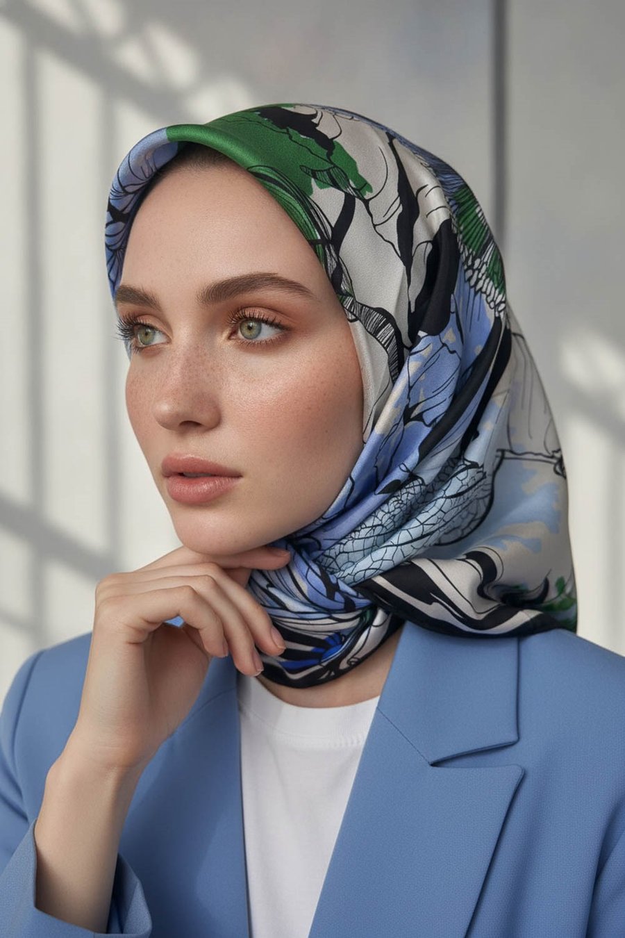 %100 Twill İpek Yaprak Desenli Saks - Zümrüt Yeşili Renkli 90x90 Eşarp Dikim Şekli : El Dikişi